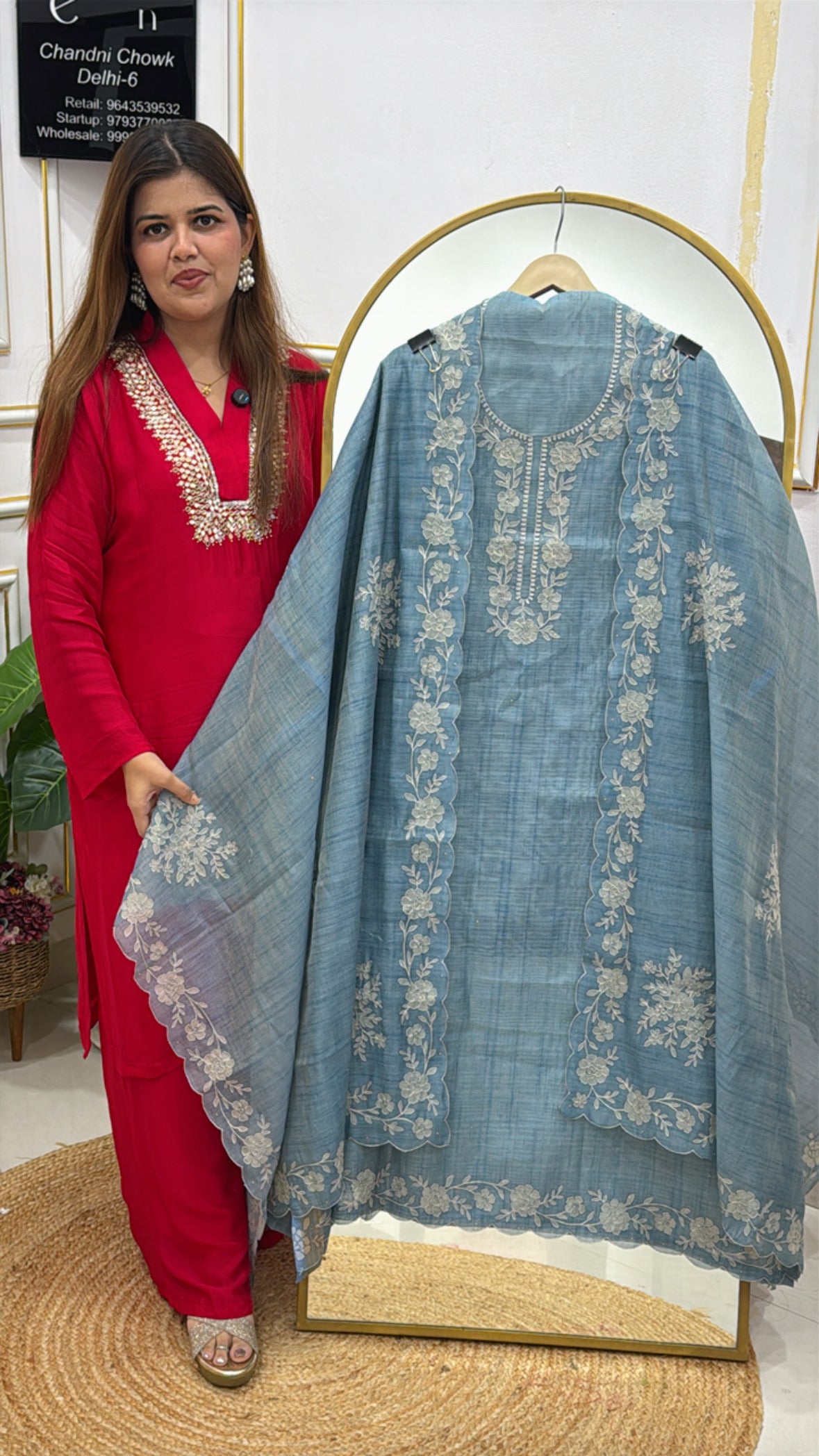 Elegant Denim Blue Pure Soft Silk Shirt with Designer Embroidery & Matching Dupatta GF 523
